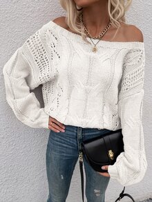 Off Shoulder Cable Knit Jumper - White - View 4