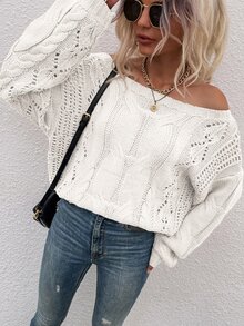 Off Shoulder Cable Knit Jumper - White - View 5