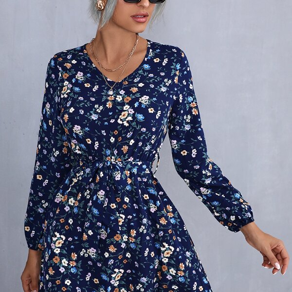 

Floral Print Belted A-line Dress, Navy blue