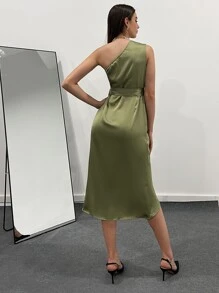 Seusyu One Shoulder Wrap Hem Belted Satin Dress - Army Green - View 2
