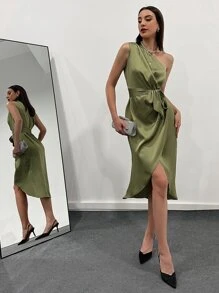 Seusyu One Shoulder Wrap Hem Belted Satin Dress - Army Green - View 6