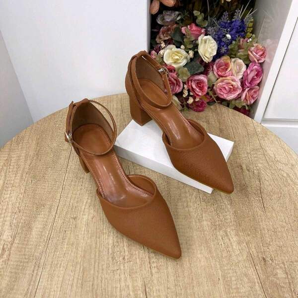 

Point Toe Chunky Ankle Strap Pumps, Brown