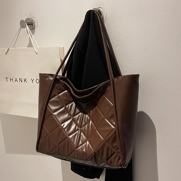 

Quilted Large Capacity Tote Bag, Coffee brown