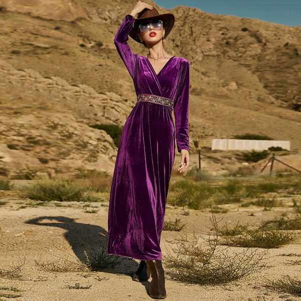 

Geo Embroidered Overlap Collar Velvet Dress, Violet purple