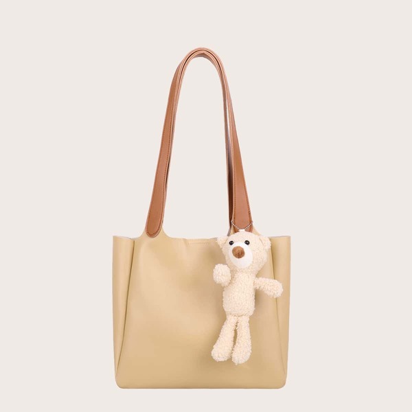 

Minimalist Tote Bag With Bear Bag Charm, Khaki