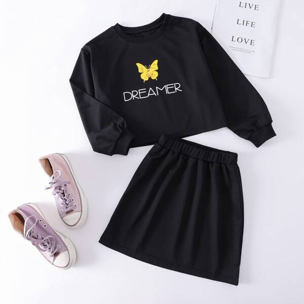 

Girls Butterfly & Letter Graphic Sweatshirt & Skirt, Black