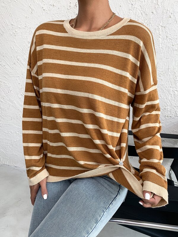 SHEIN Essnce Striped Pattern Drop Shoulder Button Detail Sweater