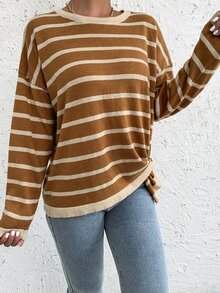 SHEIN Essnce Jersey con patrón de rayas de hombros caídos con diseño de botón - Multicolor - Ver 4