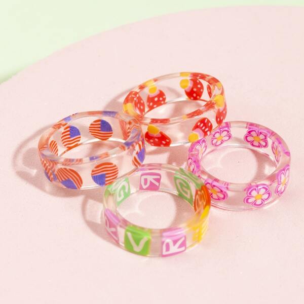 

4pcs Toddler Girls Flower & Letter Pattern Ring, Multicolor