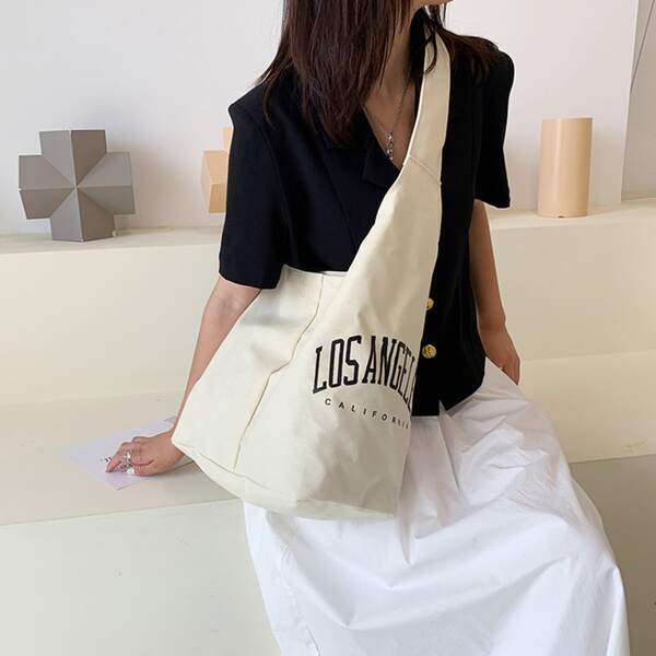 

Letter Graphic Shoulder Bag, Beige