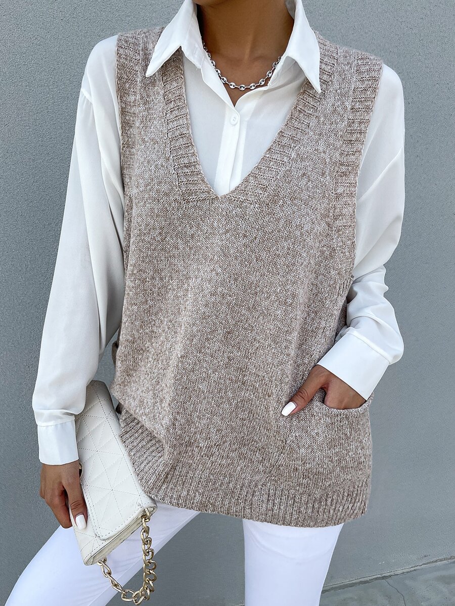 Calvaya Marled Knit Dual Pocket Sweater Vest Without Blouse - Khaki - View 1