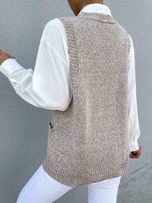 Calvaya Marled Knit Dual Pocket Sweater Vest Without Blouse - Khaki - View 2
