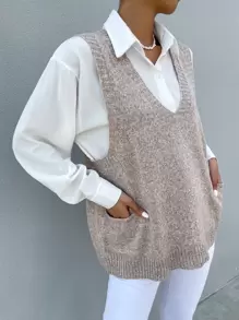 Calvaya Marled Knit Dual Pocket Sweater Vest Without Blouse - Khaki - View 4