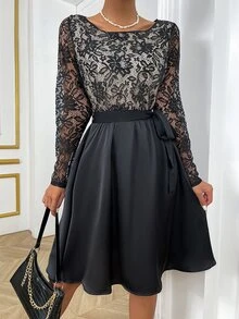 Vestido 2 en 1 con encaje con cinturón - Negro - Ver 3