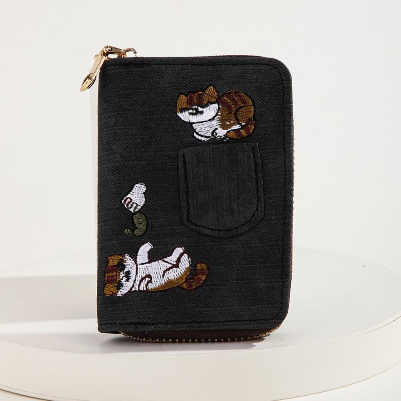 Cat Embroidery Zip Purse, Black
