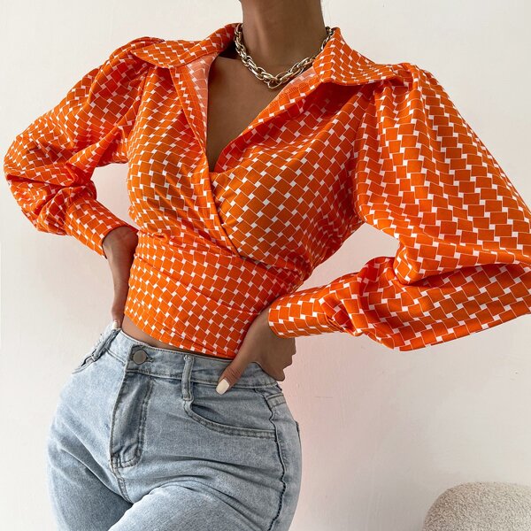 

Plaid Bishop Sleeve Tie Front Wrap Blouse, Orange