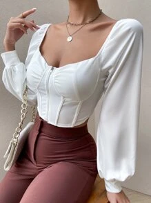 SHEIN SXY Sweetheart Neck Lantern Sleeve Crop Top - White - View 3