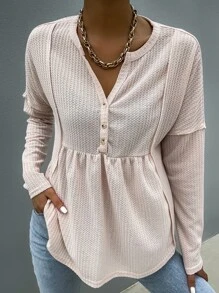 SHEIN Unity 素色落肩袖前紐扣接縫T恤 - 藕粉色 - 查看 1