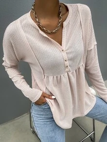 SHEIN Unity 素色落肩袖前紐扣接縫T恤 - 藕粉色 - 查看 3