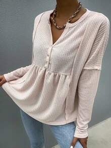 SHEIN Unity 素色落肩袖前紐扣接縫T恤 - 藕粉色 - 查看 4