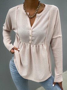 SHEIN Unity 素色落肩袖前紐扣接縫T恤 - 藕粉色 - 查看 5