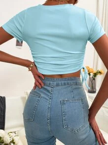 SHEIN Unity Camiseta corta fruncido con cordón con nudo tejida de canalé - Celeste - Ver 2