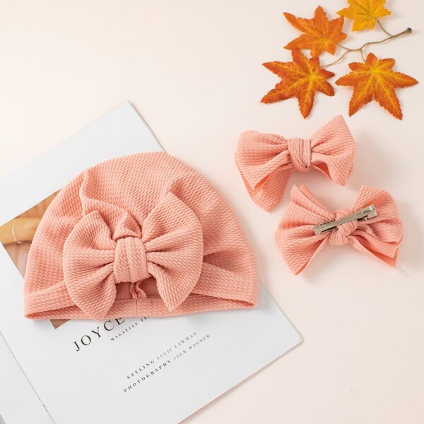 

2pcs Baby Bow Decor Hair Clip & 1pc Hat, Pink