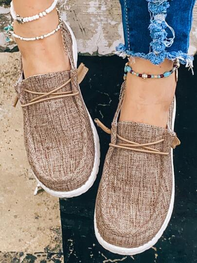 秋冬女士棕色时尚纯色一脚蹬前系带休闲鞋，女式运动鞋