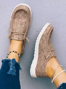 秋冬女士棕色时尚纯色一脚蹬前系带休闲鞋，女式运动鞋