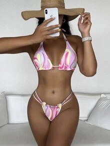Bikini triangular de tirantes, con patrón de fluidos y ribete de volantes - Multicolor - Ver 4