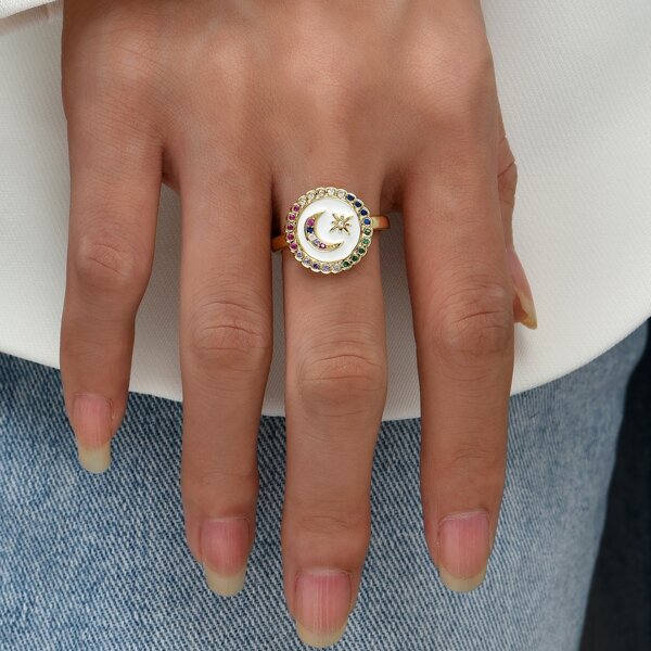 

18K Gold Plated Zircon Moon Decor Ring, Multicolor
