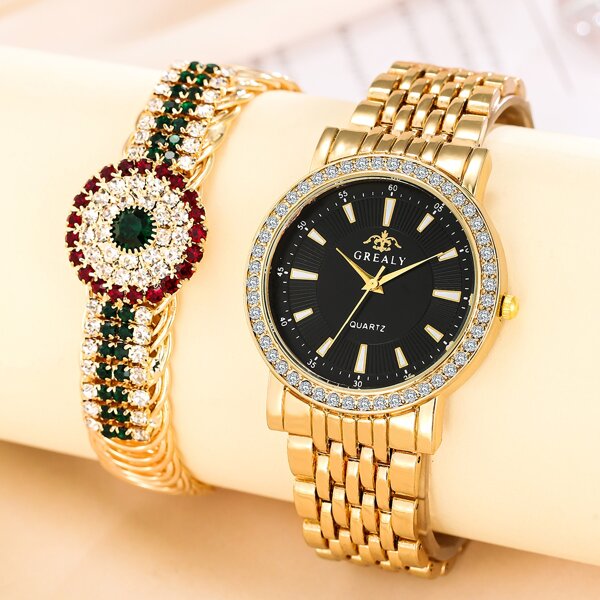

1pc Rhinestone Decor Round Pointer Quartz Watch & 1pc Bracelet