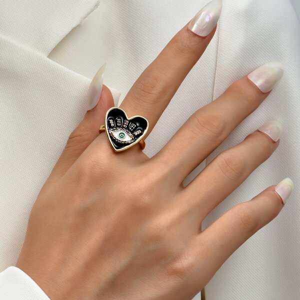 

18K Gold Plated Eye & Heart Decor Ring, Multicolor