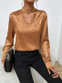 Allover Print Choker Neck Blouse - Ginger - View 1