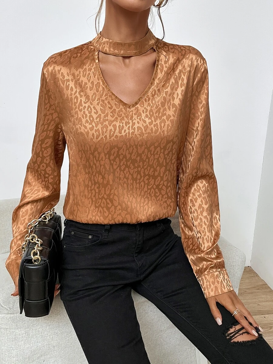 Allover Print Choker Neck Blouse - Ginger - View 1