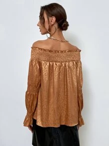 SHEIN Privé 抽褶細節荷葉袖緞面襯衫 - 薑色 - 查看 2