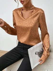 Allover Print Choker Neck Blouse - Ginger - View 6