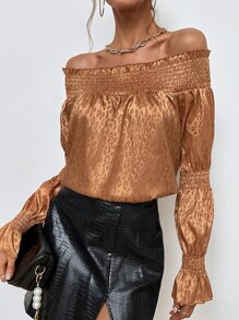 SHEIN Privé 抽褶細節荷葉袖緞面襯衫 - 薑色 - 查看 3