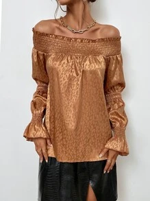 SHEIN Privé 抽褶細節荷葉袖緞面襯衫 - 薑色 - 查看 5