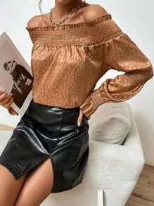 SHEIN Privé 抽褶細節荷葉袖緞面襯衫 - 薑色 - 查看 6