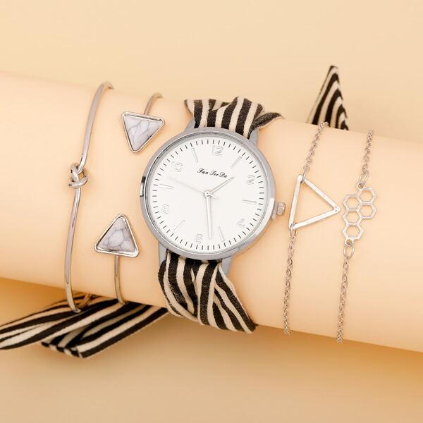 

1pc Minimalist Round Pointer Quartz Watch & 4pcs Bracelet
