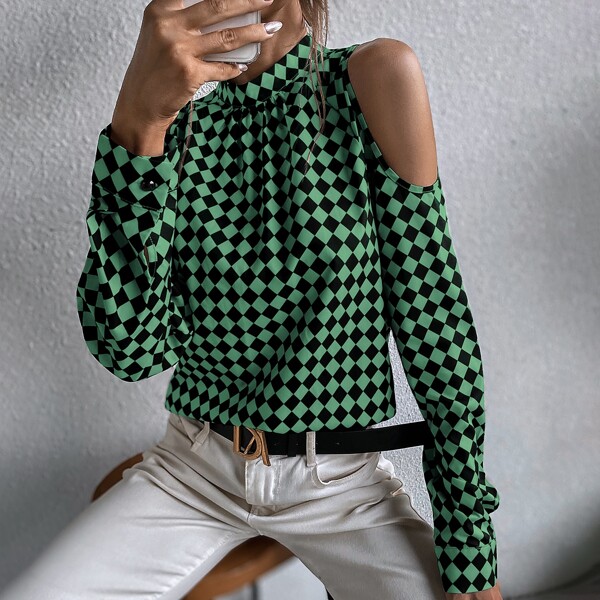 

Argyle Print Cold Shoulder Blouse, Green