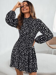 SHEIN LUNE 滿版圖案腰部打褶連衣裙 - 黑與白 - 查看 4