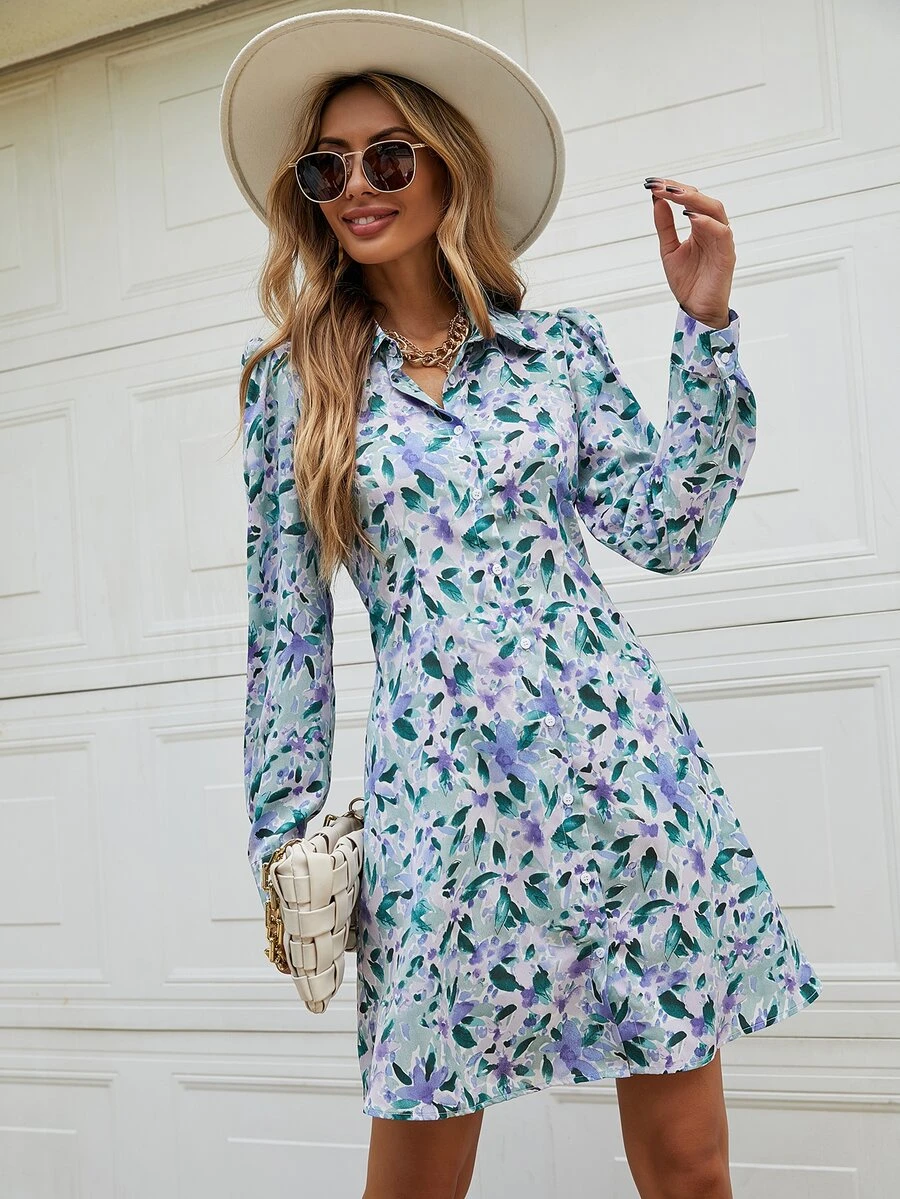 Allover Floral Print Shirt Dress - Multicolor - View 1