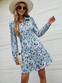 Allover Floral Print Shirt Dress - Multicolor - View 3