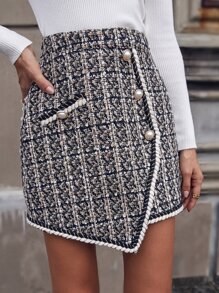 Chiquease Falda con botón delantero tweed asimétrico - Blanco y Negro - Ver 5