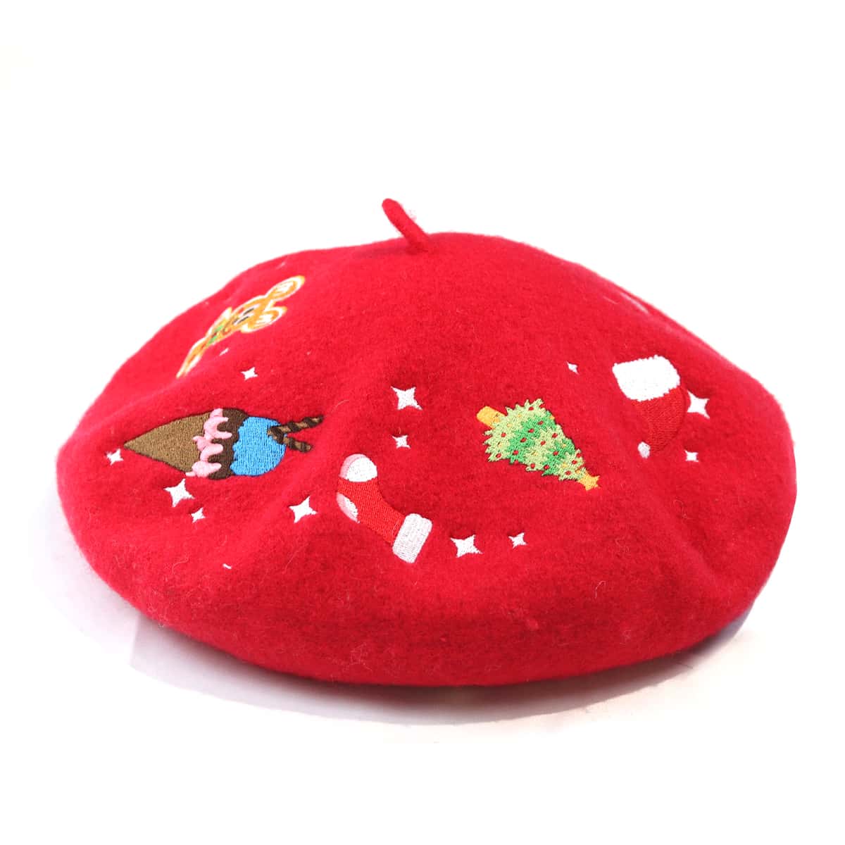 

Christmas Tree Embroidered Beret, Red
