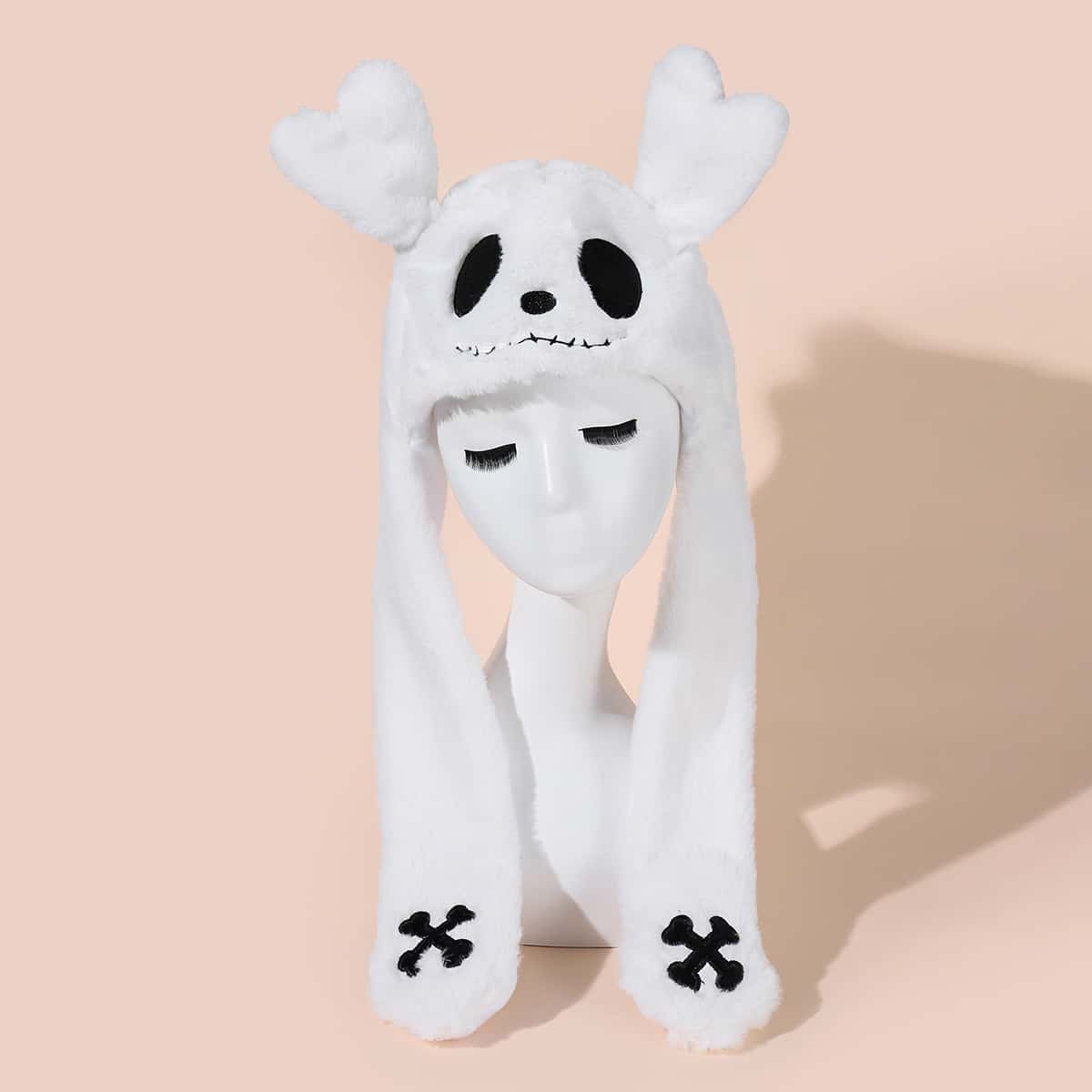 

Cartoon Embroidered Fuzzy Hat, White