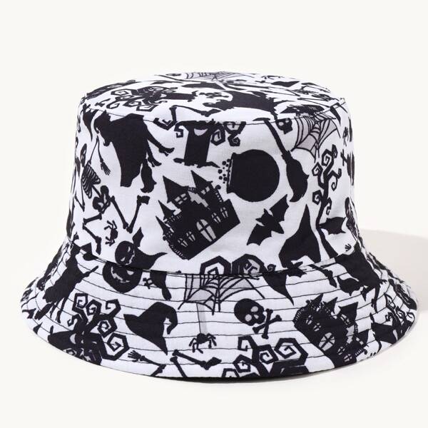

Halloween Skull & Ghost Print Bucket Hat, Multicolor