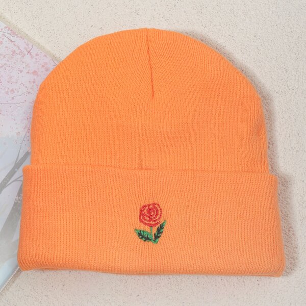 

Flower Embroidered Beanie, Orange